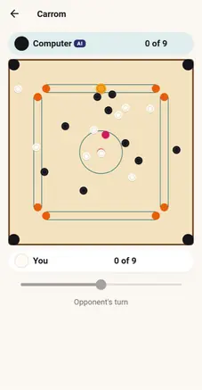 A carrom board with the queen in the centre and the striker on the baseline.