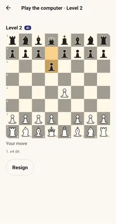 Quick Chess against the computer, after the first move.