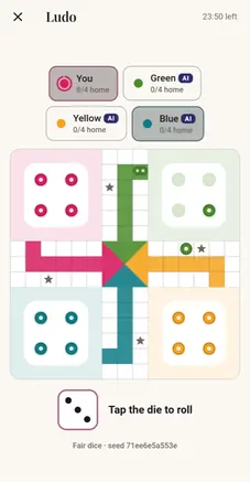 A game of Ludo for four, with the computer players marked AI and a fair-dice seed under the die.