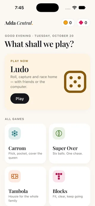 The Adda Central home screen on an iPhone: “What shall we play?”, a Ludo card with a Play button, and tiles for Carrom, Super Over, Tambola and Blocks.
